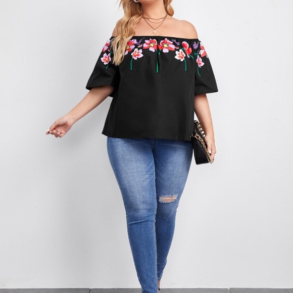 Plus Black Floral Off Shoulder Summer Blouse - Picture 2 of 5